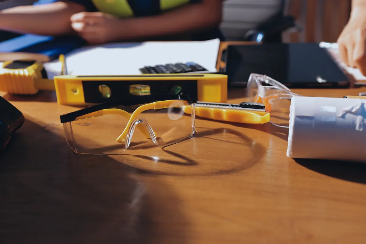 Lunettes de protection et niveau sur un établi