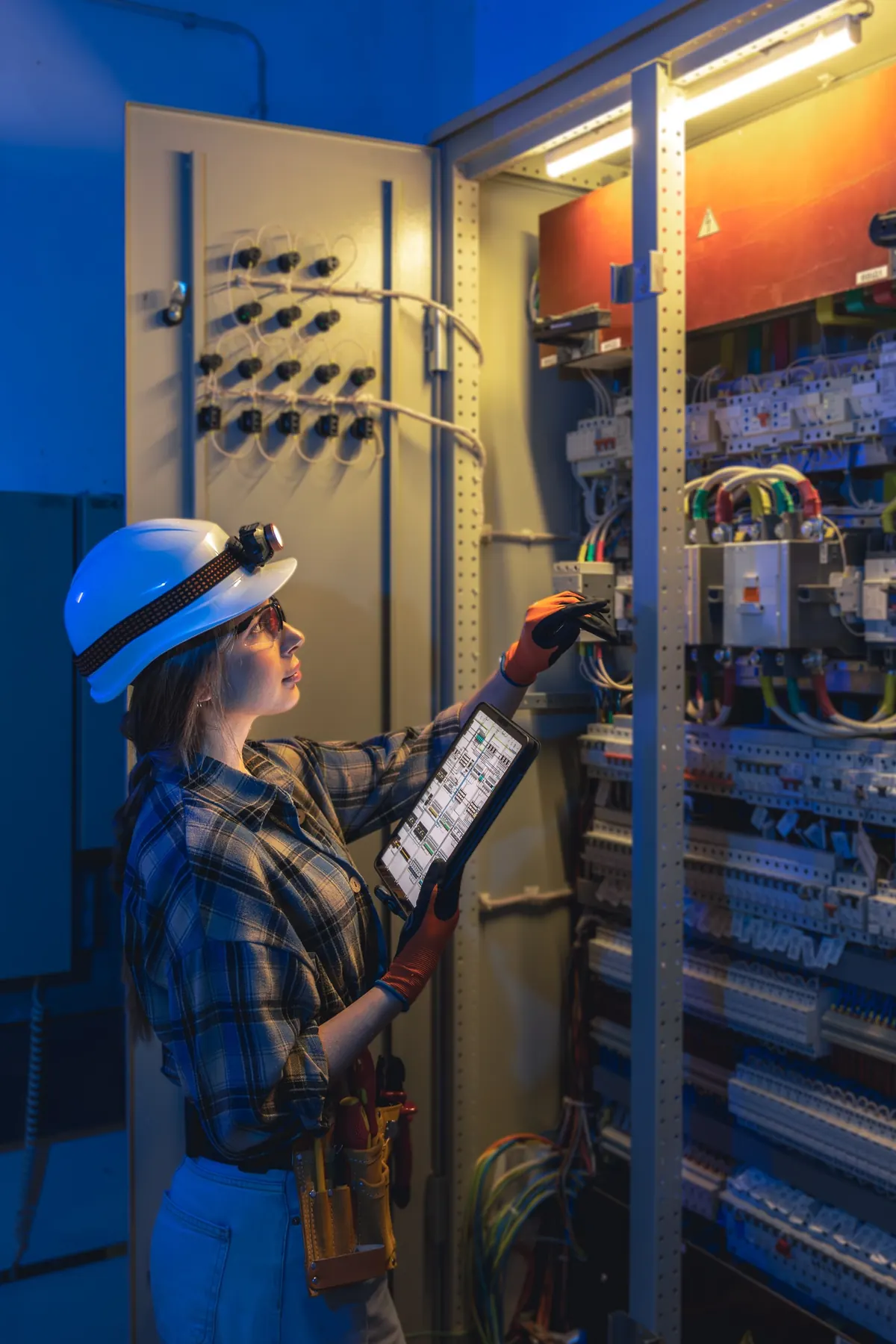 Technicienne intervenant sur une armoire électrique industrielle